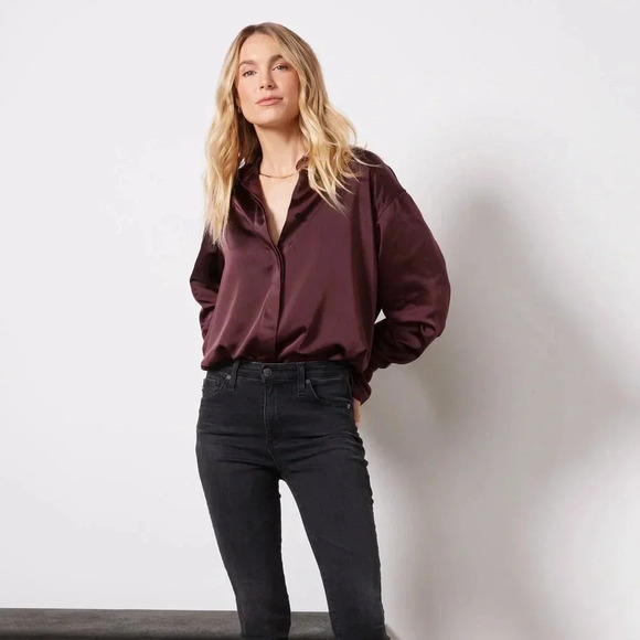 NWT Good American Washed Satin Weekend Shirt Malbec003 Size XXS/XS - Picture 2 of 16